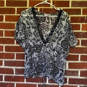 Pink Mode Black Gray Floral Sheer Beaded Tie Front Blouse Women's Medium